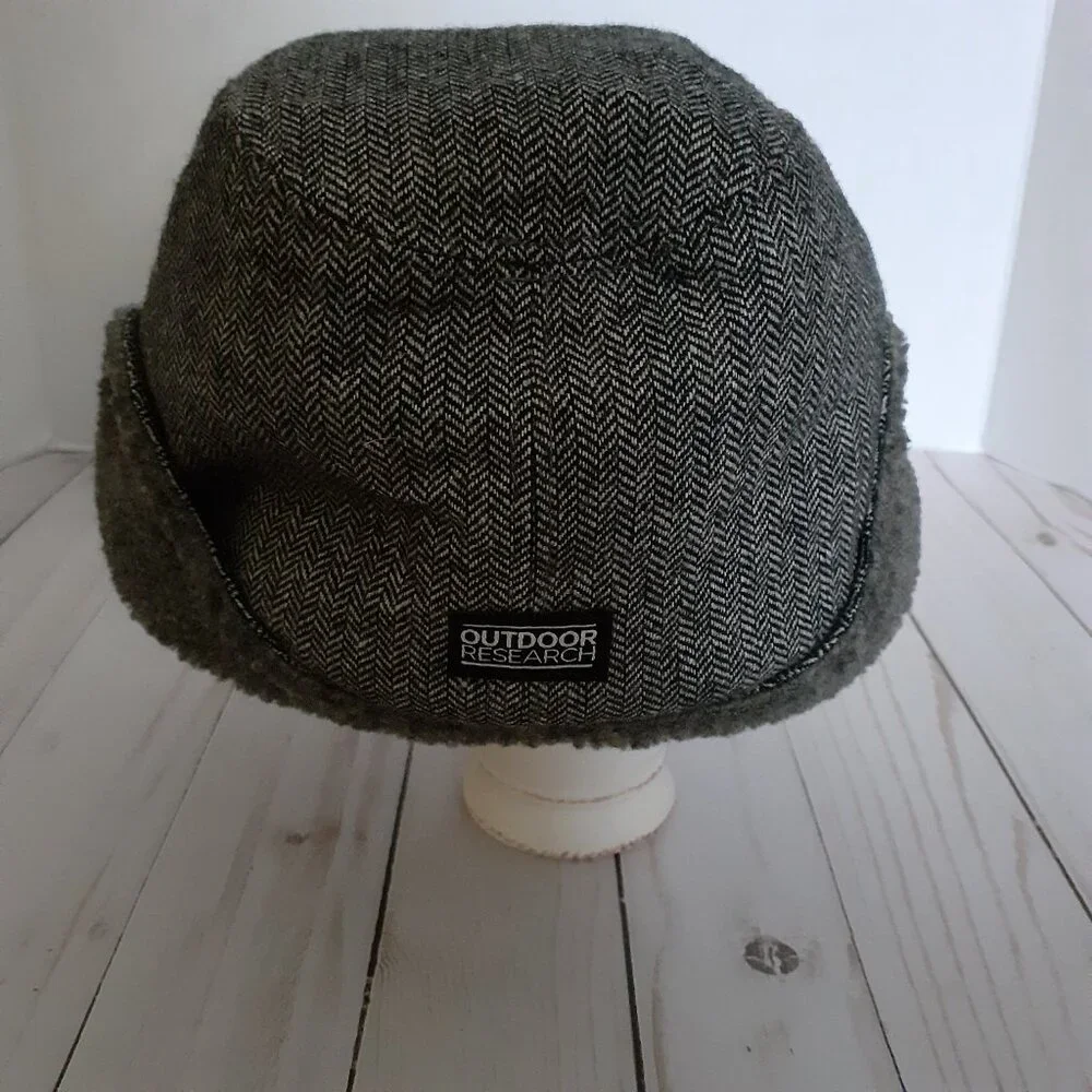 Outdoor Research Fleece Lined Wool Blend Herringbone Earflap Cap Black Size S